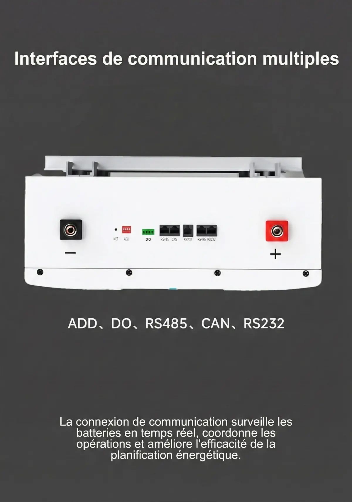 Les bornes et les ports de communication de la batterie : CAN, RS485, RS232