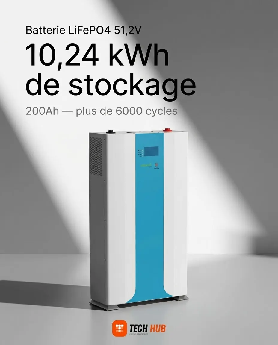 Batterie LiFePO4 51,2 V : 10,24 kWh de stockage, plus de 6000 cycles