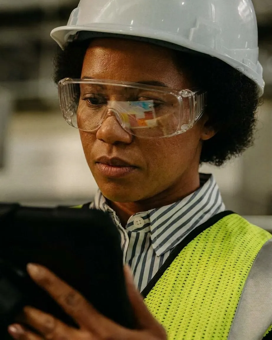 Technicienne en casque et gilet de sécurité consultant une tablette